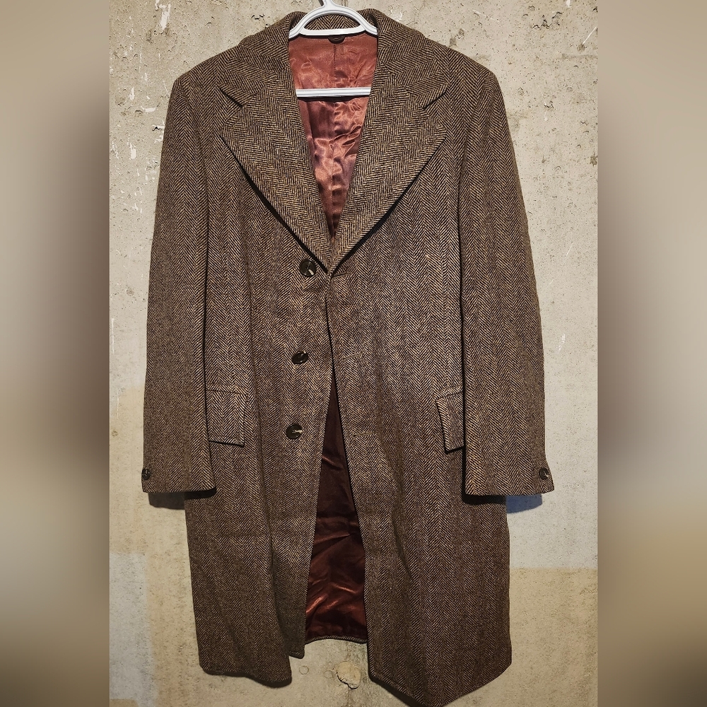 Vintage Men's "Simpsons" Classic Brown Herringbone Trench Coat / Overcoat
